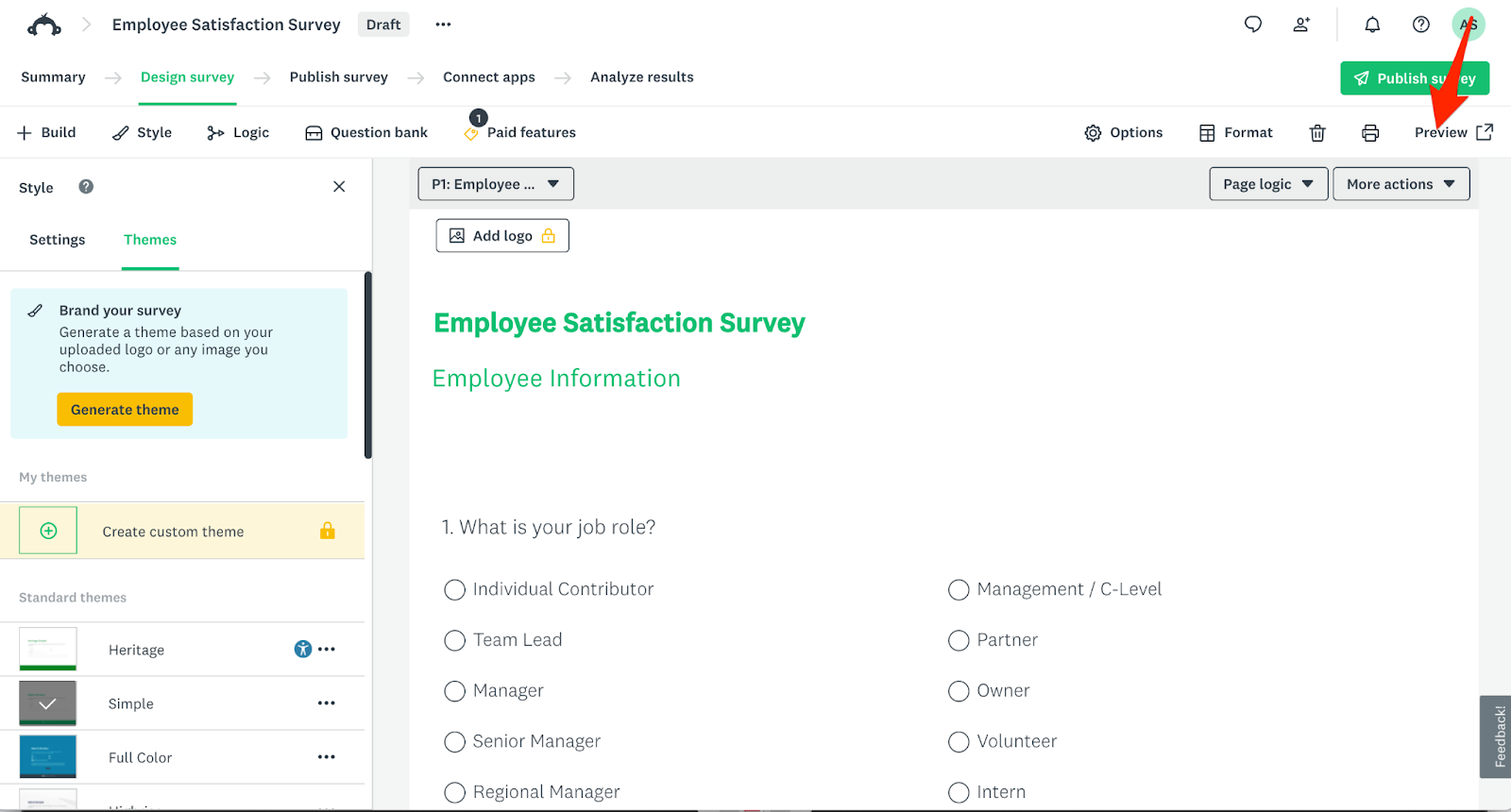 SurveyMonkey Preview Survey Button