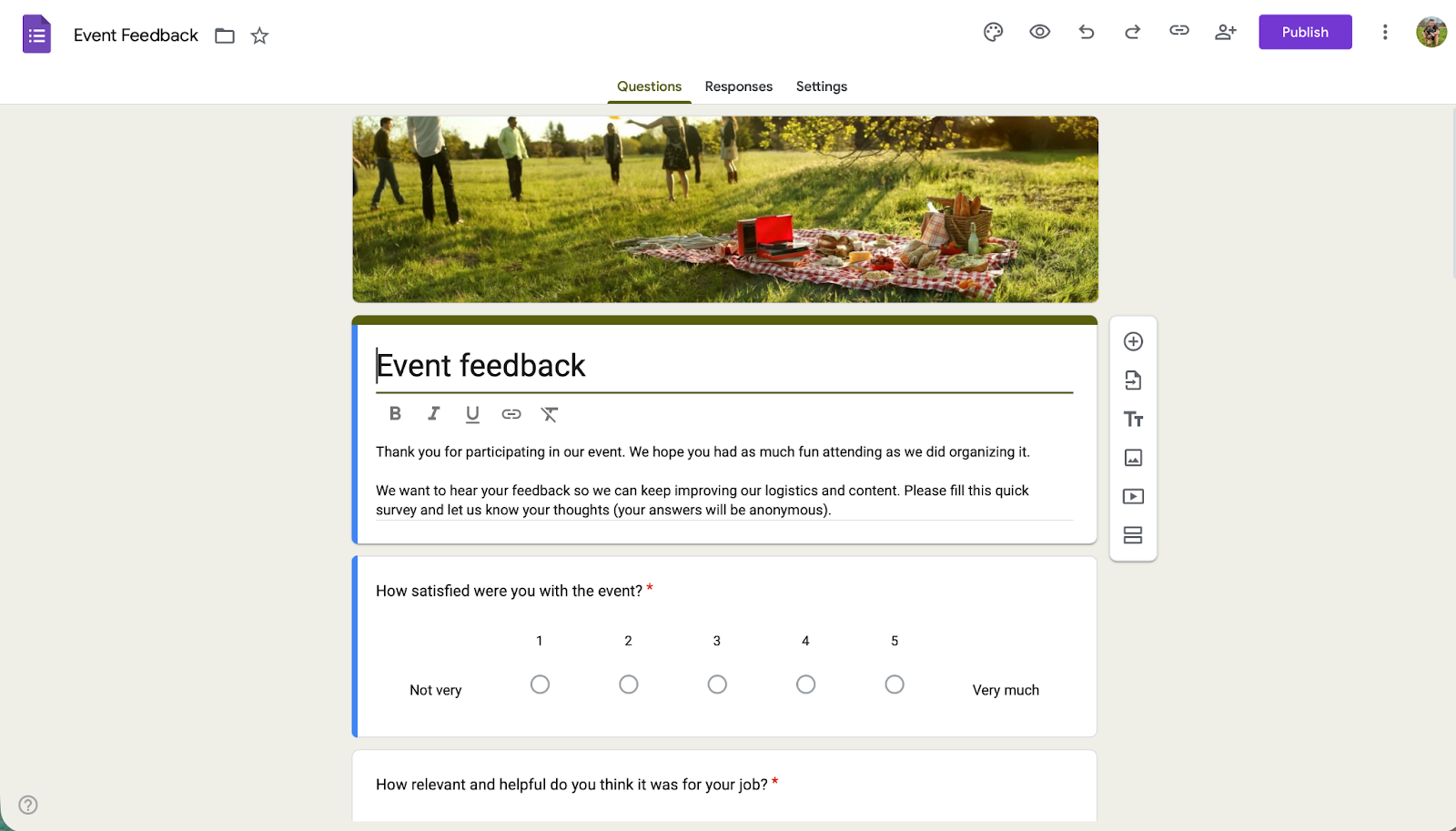 Google Forms interface showing an "Event Feedback" form