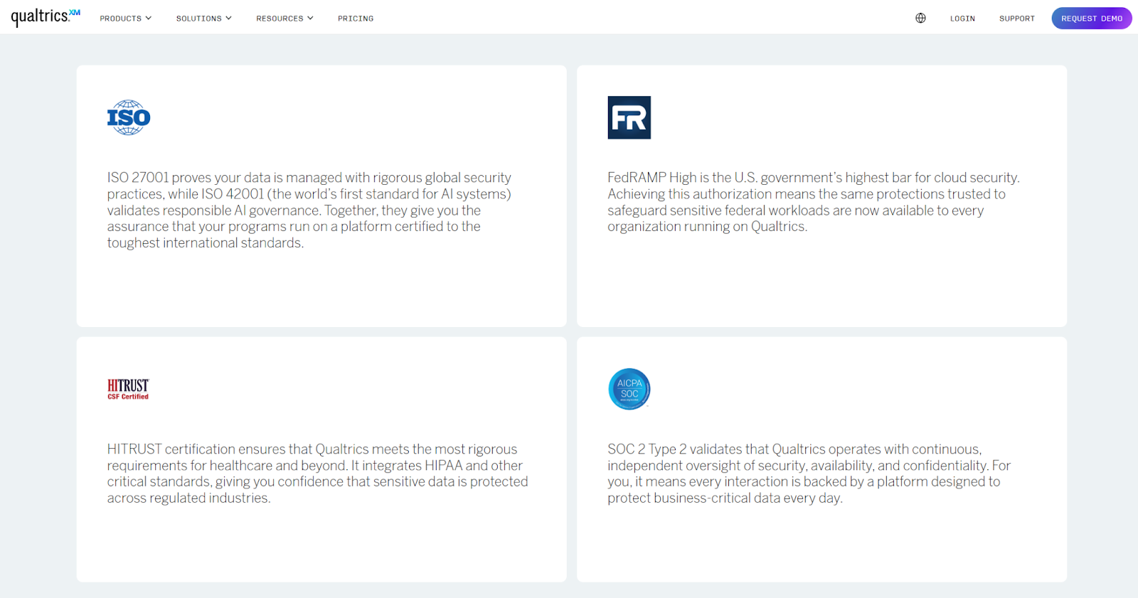 Screenshot from the Qualtrics website showing its enterprise-grade security