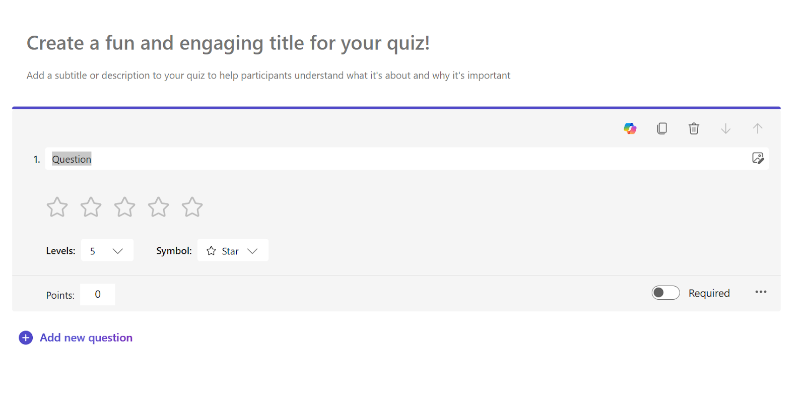 Screenshot from a Microsoft Forms quiz setup with assessment tools including a star rating