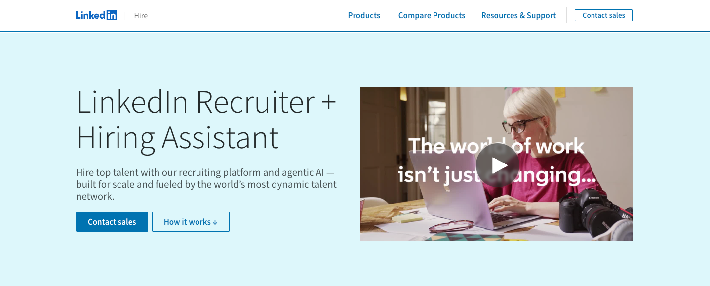 Screenshot of LinkedIn Recruiter's landing page, showing a headline "LinkedIn Recruiter + Hiring Assistant"