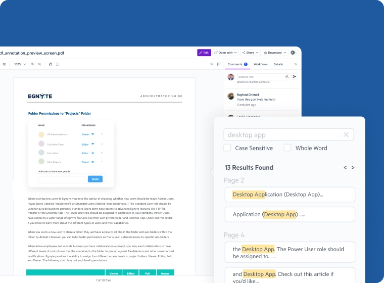 Egnyte platform dashboard showing document storage, file activity panel, and collaboration tools for hybrid cloud file sharing and secure content governance