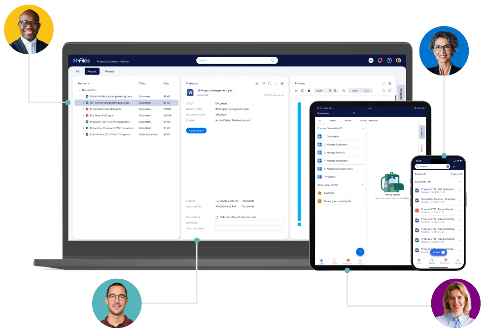 M-Files document management system shown on desktop and mobile devices, highlighting metadata-based organization, file search, and cross-device access
