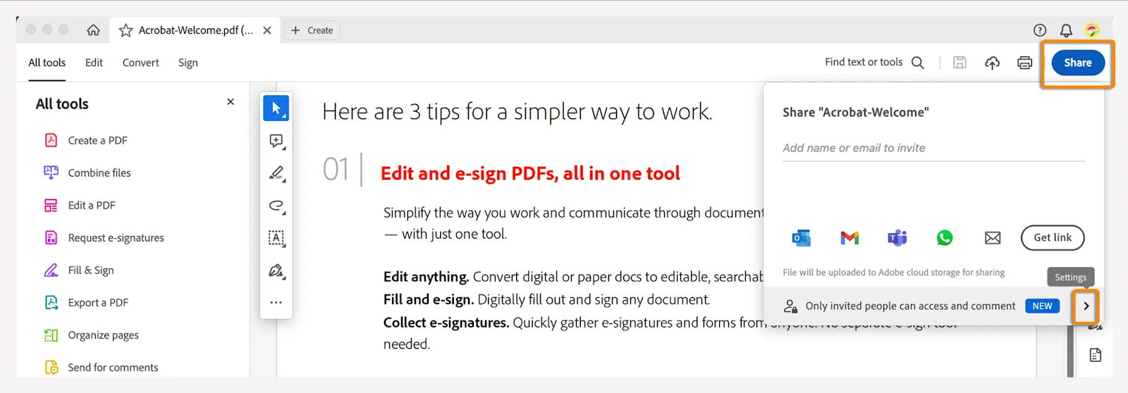 Adobe Document Cloud dashboard displaying a PDF open for editing with tools for e-signatures, comments, and document management in a web-based workspace
