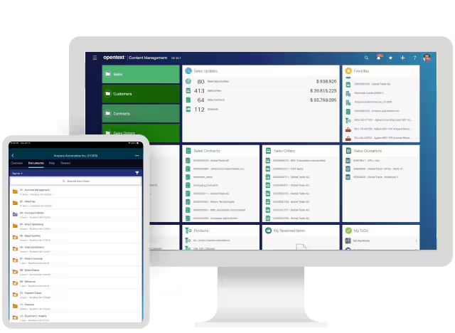 OpenText content management platform shown on desktop and tablet screens, highlighting centralized document repositories, governance controls, and enterprise content management features