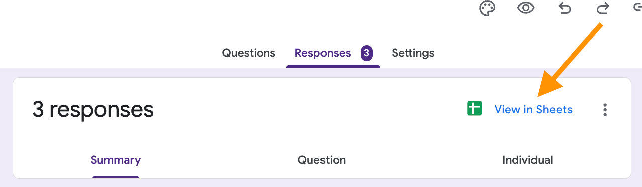 Google Forms “Responses” tab showing “3 responses” with the green “View in Sheets” button highlighted to link the form to a Google Sheets spreadsheet