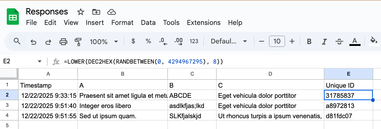 Google Sheets response table displaying multiple rows, each populated with a different value in the “Unique ID” column for each form submission
