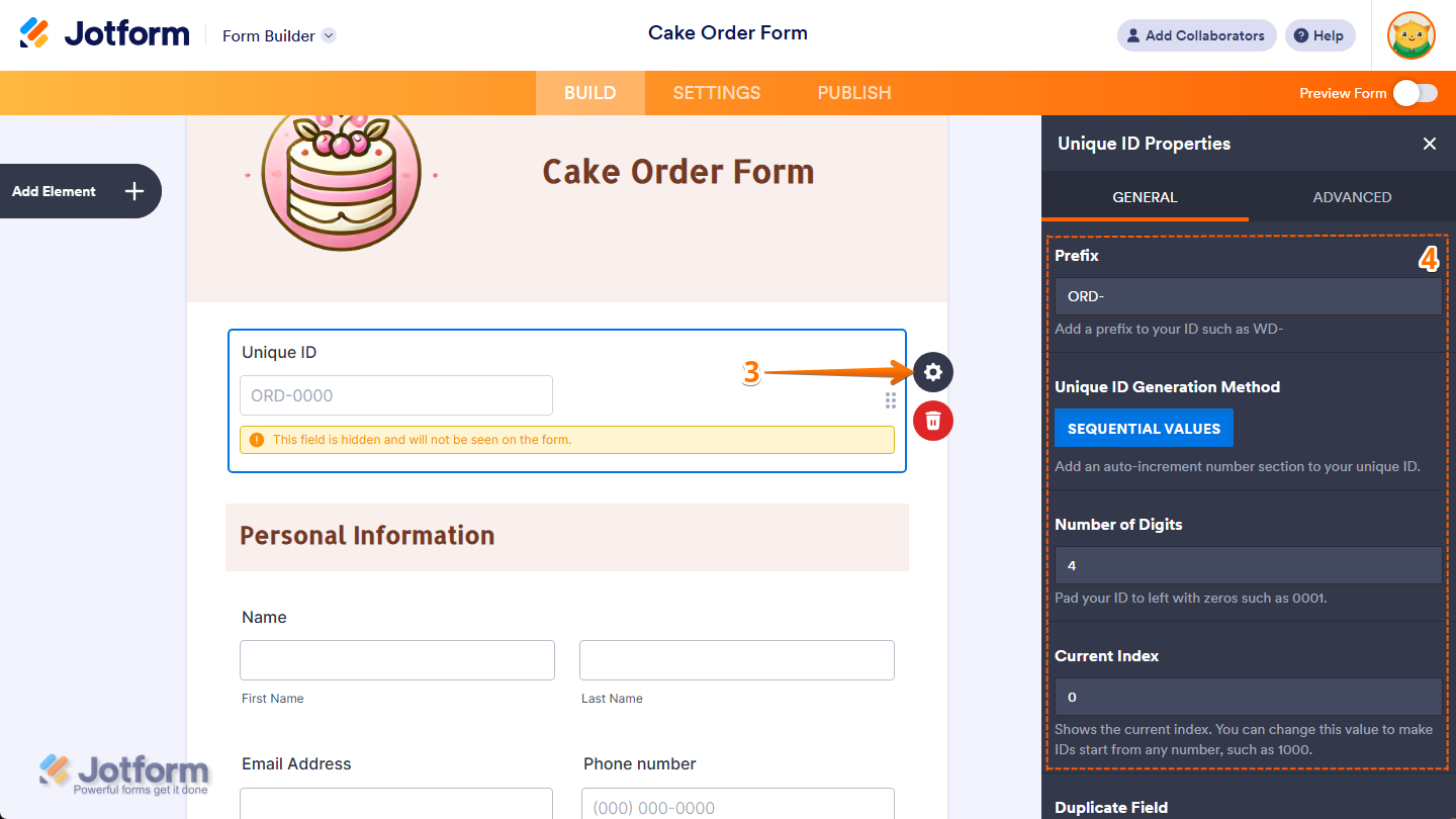 Jotform Form Builder with the Unique ID field added to the form and the Unique ID Properties panel open on the right, displaying settings such as Prefix, Unique ID Generation Method, Number of Digits, and Current Index