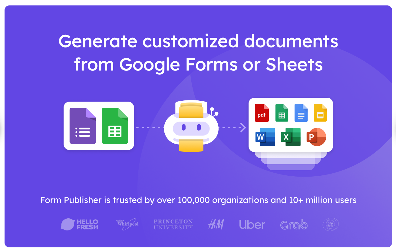 Screenshot of the Form Publisher add-on page in Google Workspace Marketplace with a purple banner reading “Generate customized documents from Google Forms or Sheets” and an Install button on the right