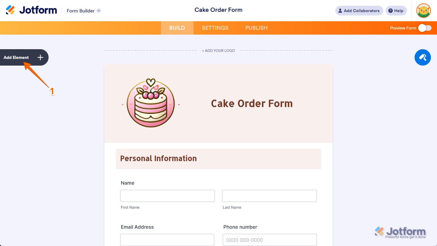 Jotform Form Builder interface with a Cake Order Form open and the “Add Element” button highlighted on the left sidebar