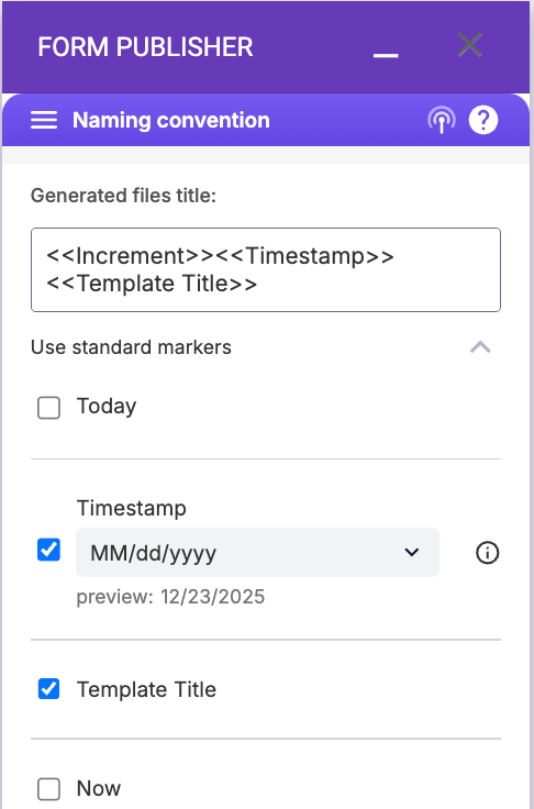 Form Publisher “Naming convention” settings panel displaying timestamp-based file naming fields and marker options