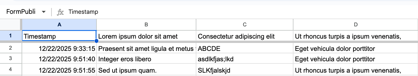Google Sheets template showing a table with columns including “Timestamp” and placeholder text, indicating where to insert an increment or unique ID field