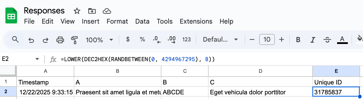 Google Sheets with a formula entered in the “Unique ID” column cell to automatically generate a unique identifier for a submission