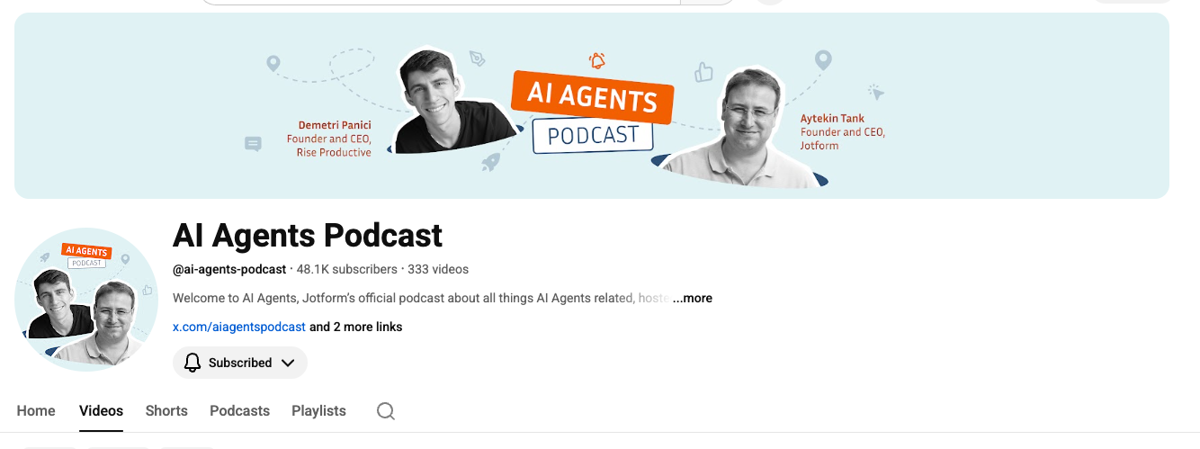 Screenshot of the YouTube channel “AI Agents Podcast,” showing the banner with “AI Agents Podcast” and portraits of Demetri Panici and Aytekin Tank