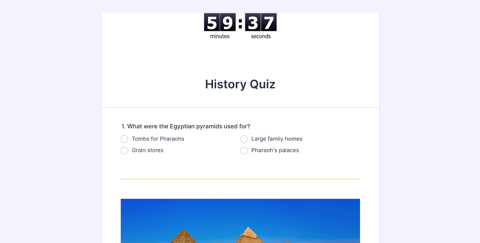 Jotform interface showing an example quiz with the timer running