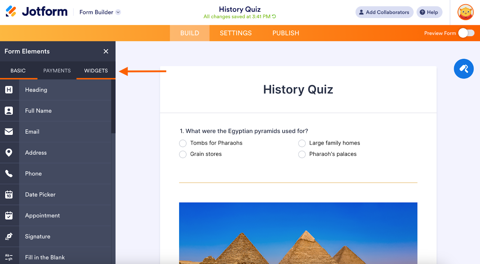 Jotform interface with an arrow pointing to the Widgets tab