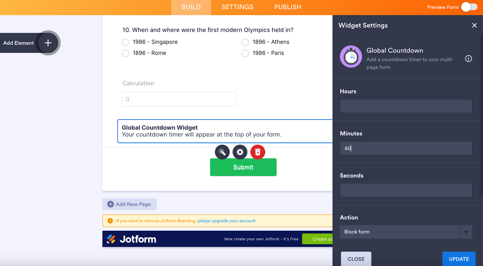 Jotform interface showing the Global Countdown widget settings