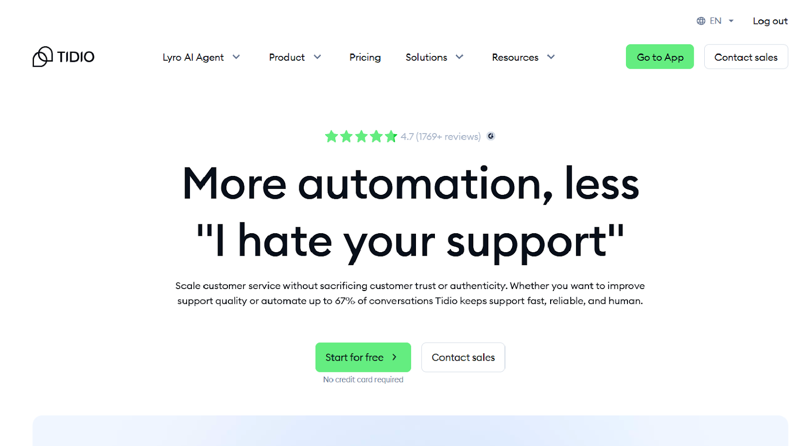 Screenshot of the Tidio homepage, featuring a platform overview and clickable options to start for free or contact sales