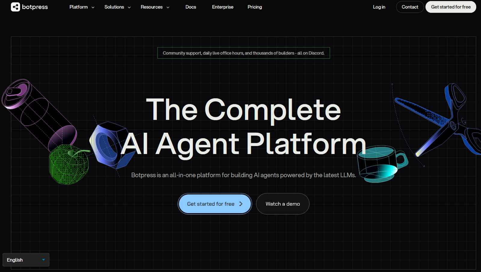 Screenshot of the Botpress homepage, featuring a platform overview and clickable options to watch a demo or get started for free