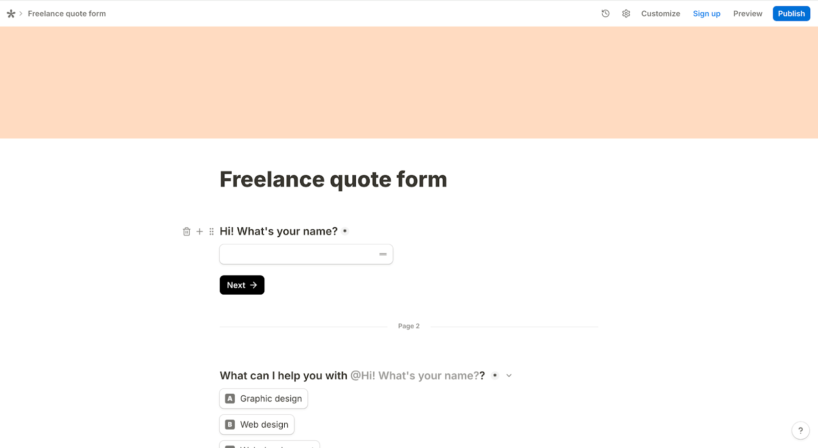 Freelance quote form with fields for name and services needed
