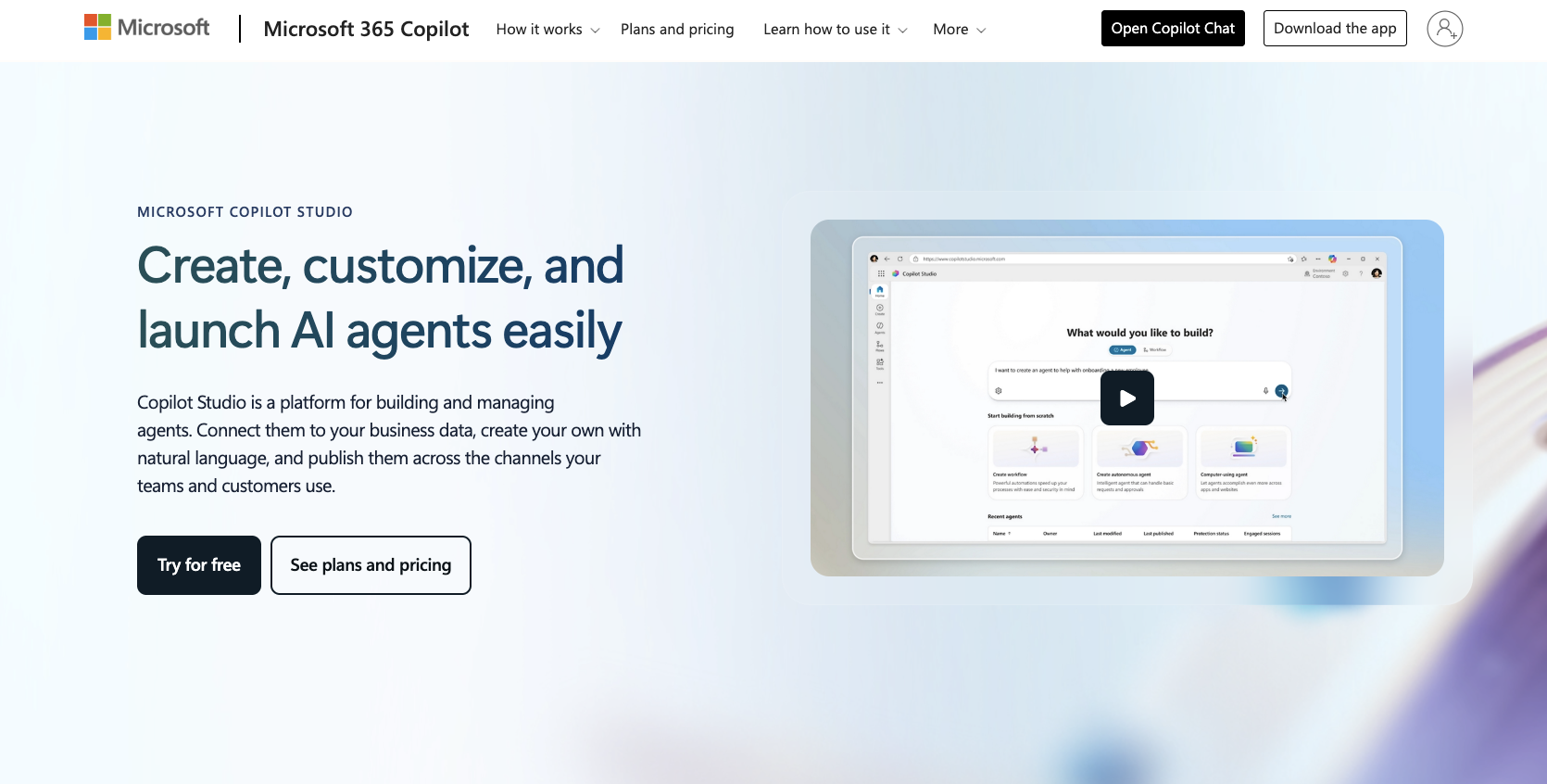 Microsoft Copilot Studio Landing Page