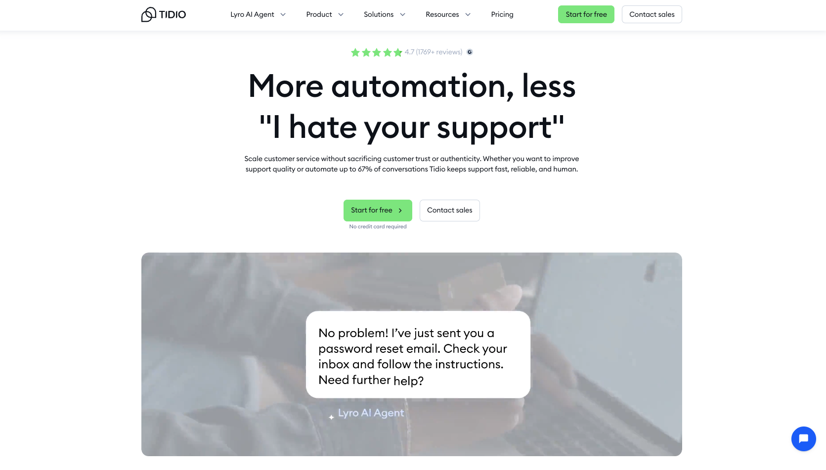 Screenshot of Tidio's landing page, showing a headline - More automation, less "I hate your support" -