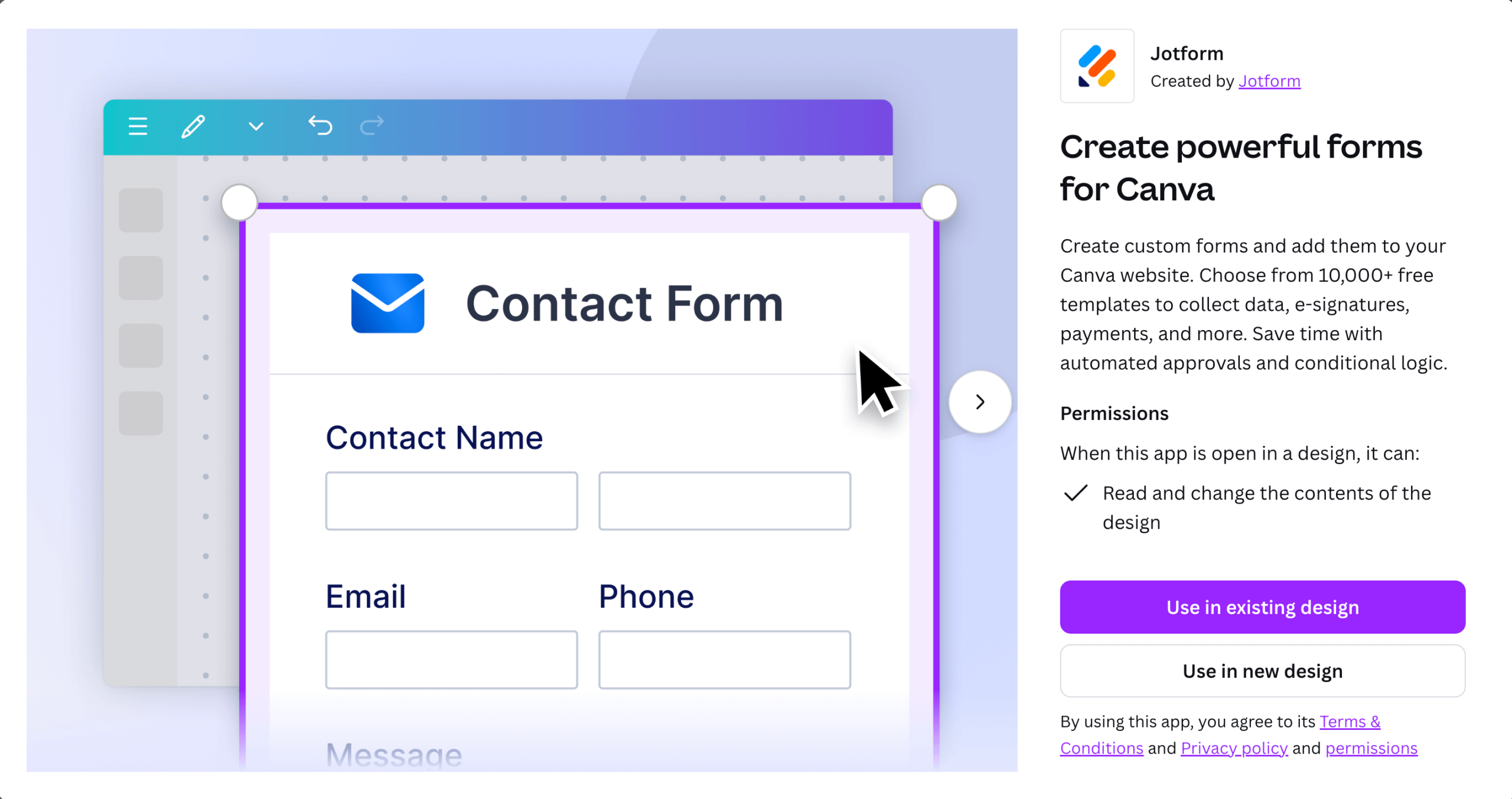 Canva app marketplace page for Jotform showing a contact form preview inside the Canva editor and a sidebar description titled “Create powerful forms for Canva,” with buttons for “Use in existing design” and “Use in new design