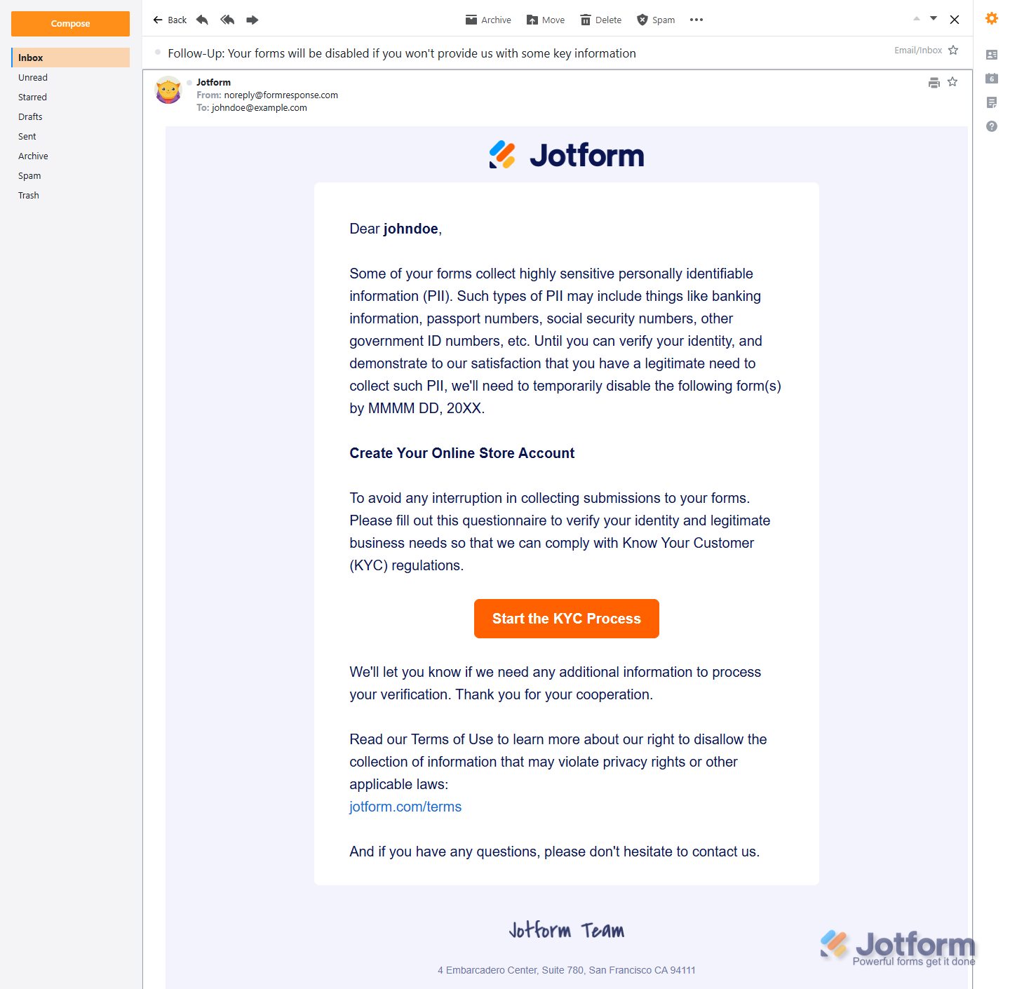 Jotform KYC Process Forms will be disabled reminder email