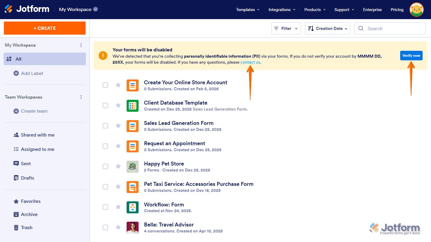 Forms will be disabled warning message on Jotform Workspace page