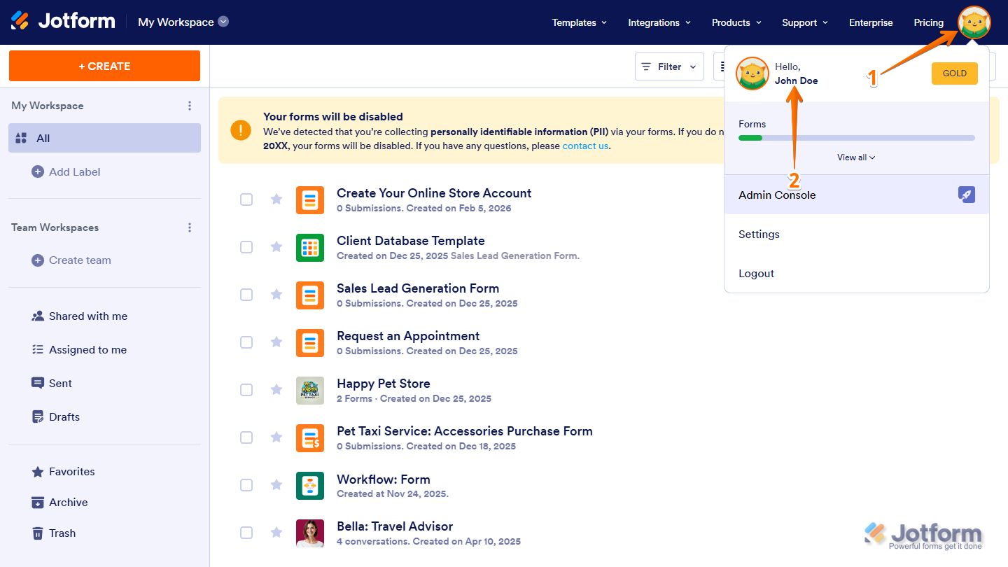 Account Name in the Profile Picture menu on Jotform Workspace page