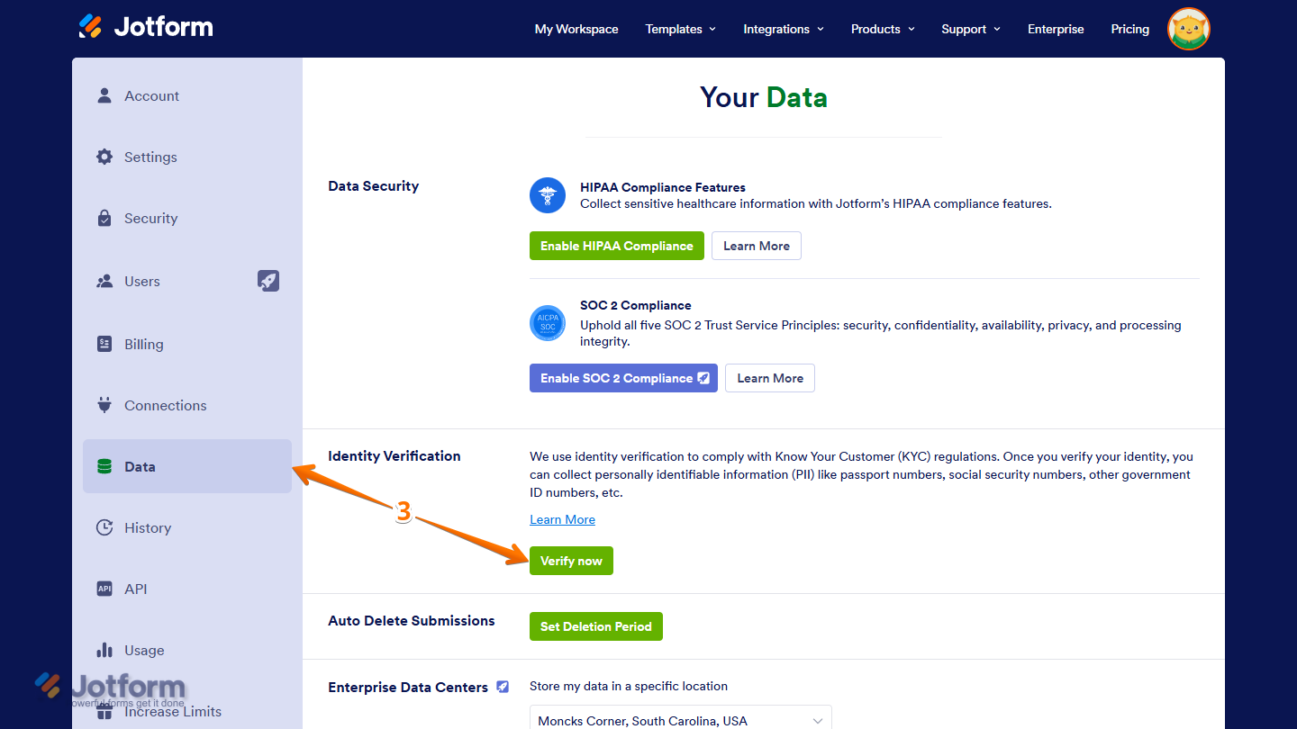 Verify Now button in the Identity Verification section on Jotform Data page