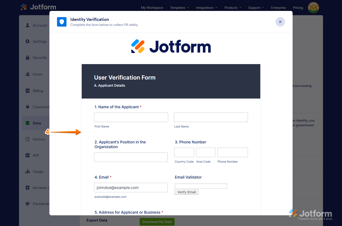 User Verification Form on Jotform Data page