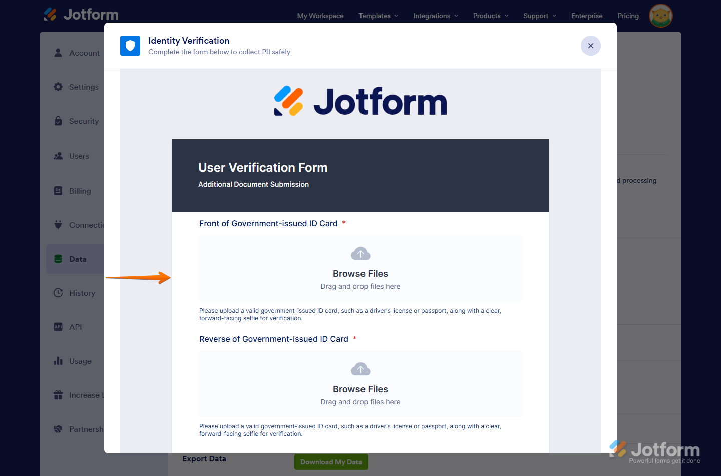 Additional Document Submission Form on Jotform Data page