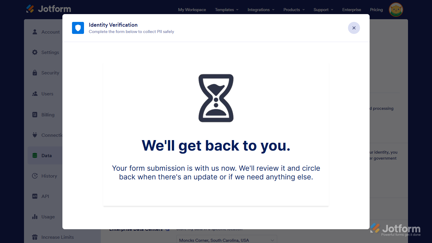 User Verification Form successfully submitted on the Jotform Data page