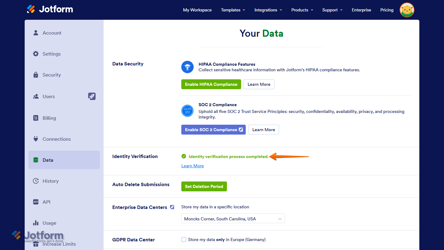 Identity Verification Process completed  message on the Jotform Data page