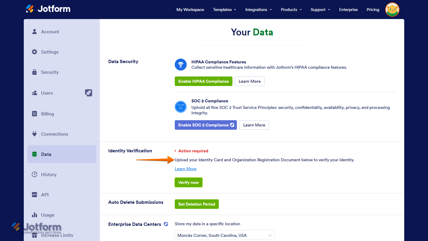Upload Additional Documents message in the Identity Verification section on Jotform Data page