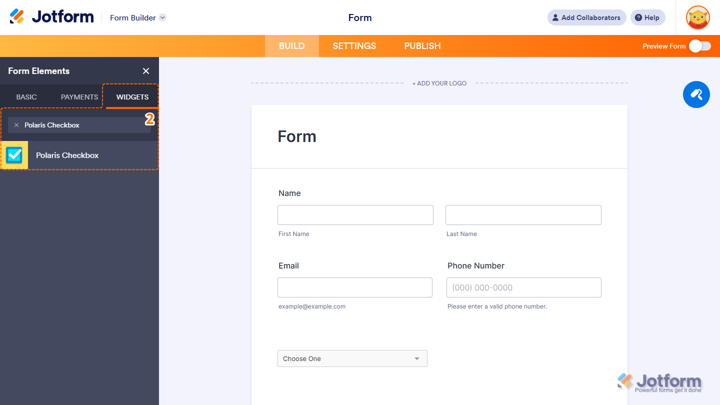 Form Elements Widgets tab showing Polaris Checkbox widget selection in Jotform