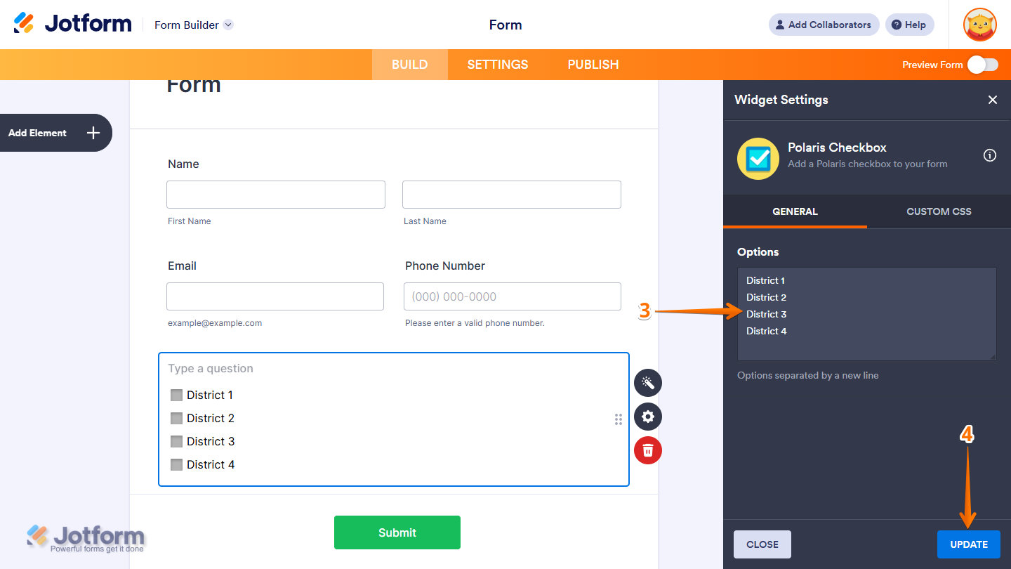 Polaris Checkbox widget General settings showing Options input field and Update button in Jotform