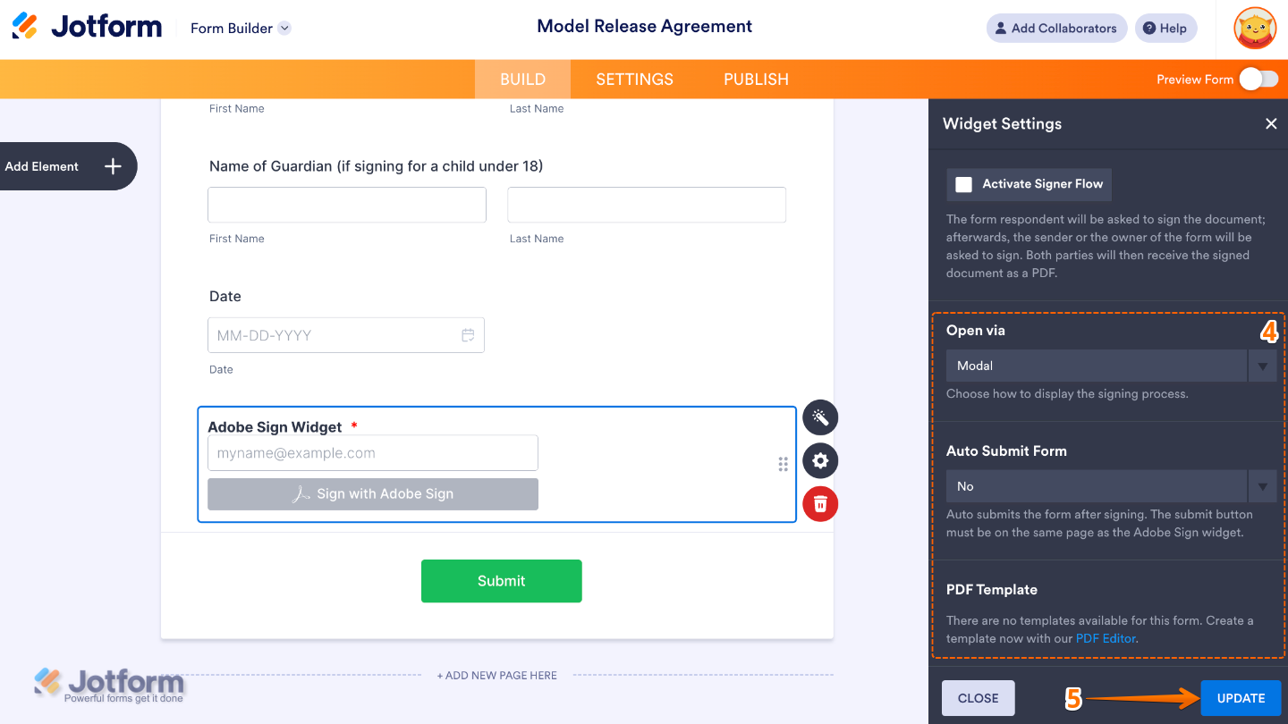 Adobe Sign widget settings showing Open Via option, Auto Submit Form toggle, and PDF Template selection