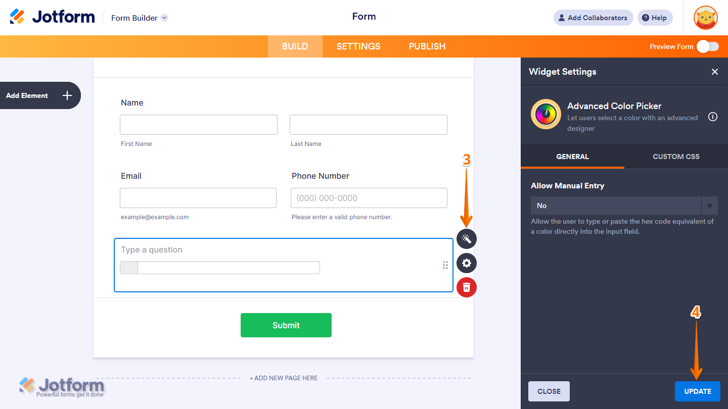 Advanced Color Picker widget settings showing Allow Manual Entry option and Update button in Jotform
