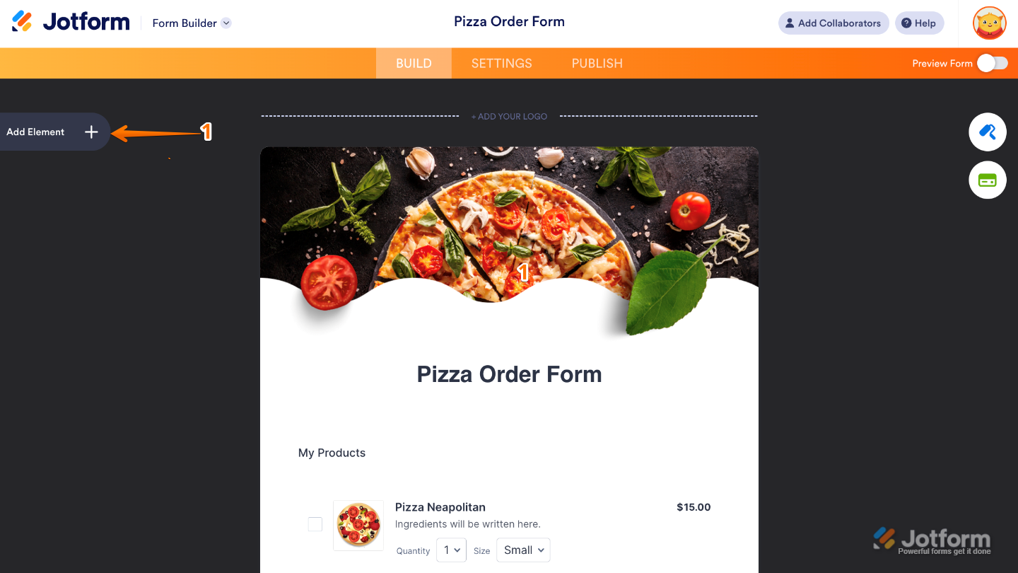 Form Builder interface showing the Add Element button on the left sidebar