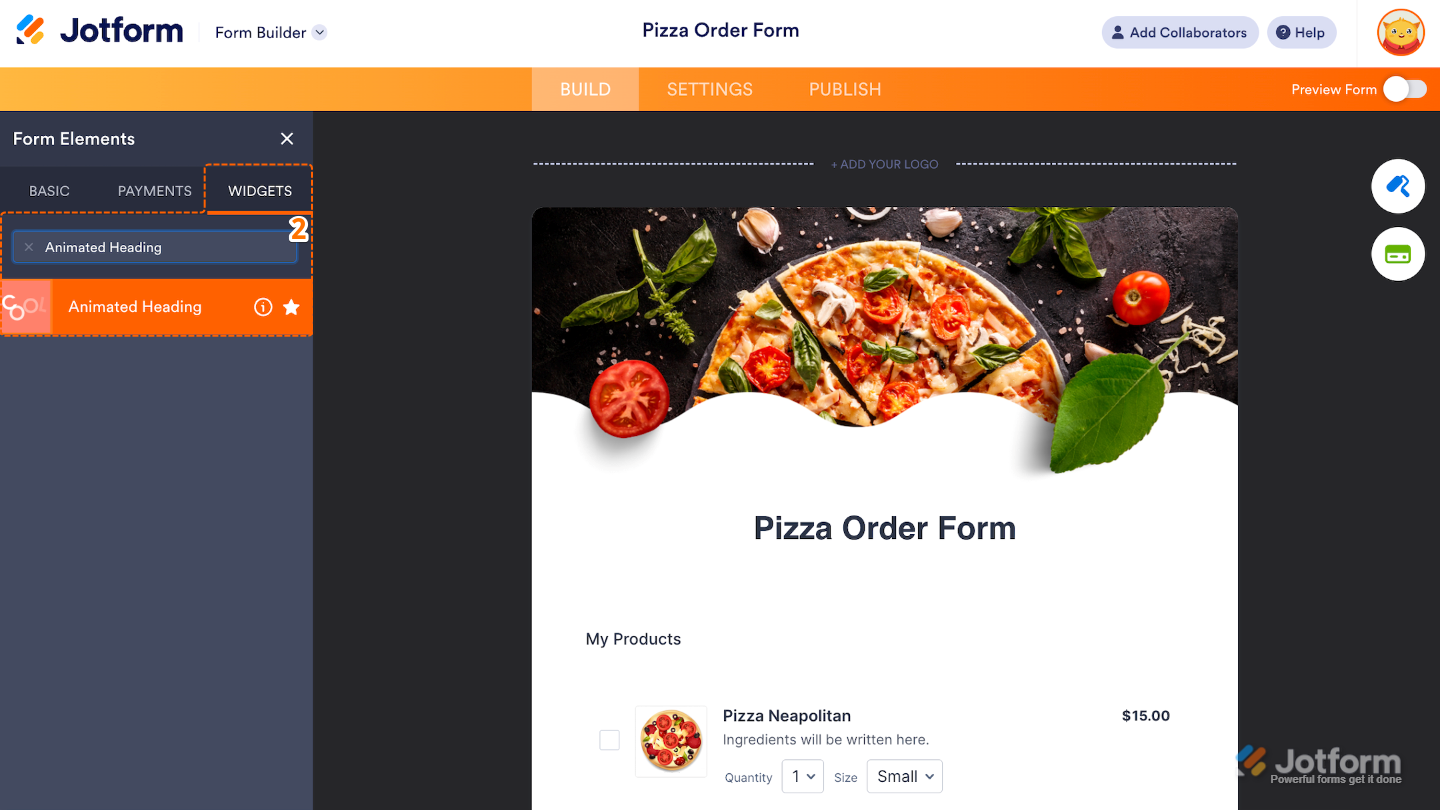 Form Builder interface displaying the Widgets tab where the Animated Heading widget is being added to a form