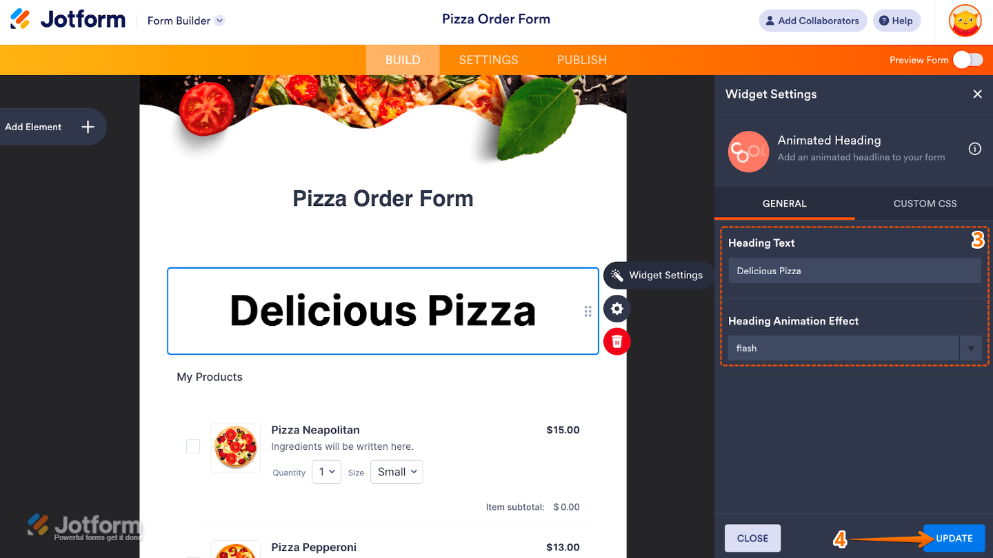 Widget Settings window displaying Animated Heading options, including heading text input and animation effects selection