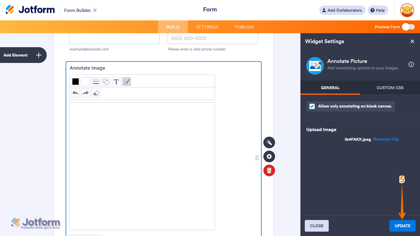 Annotate Picture widget showing uploaded image with Update button in Jotform