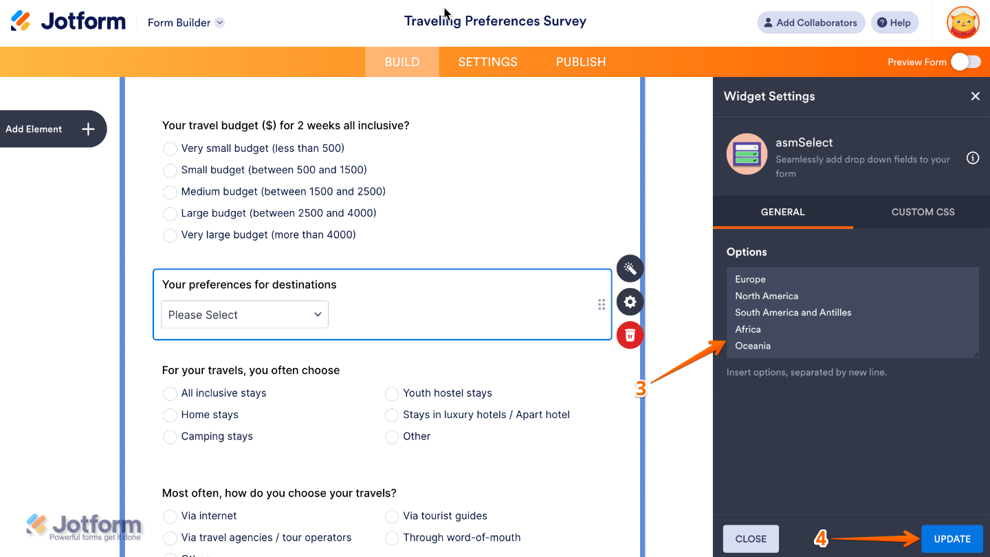 Configuring the asmSelect widget in Jotform Form Builder by adding selectable options line by line