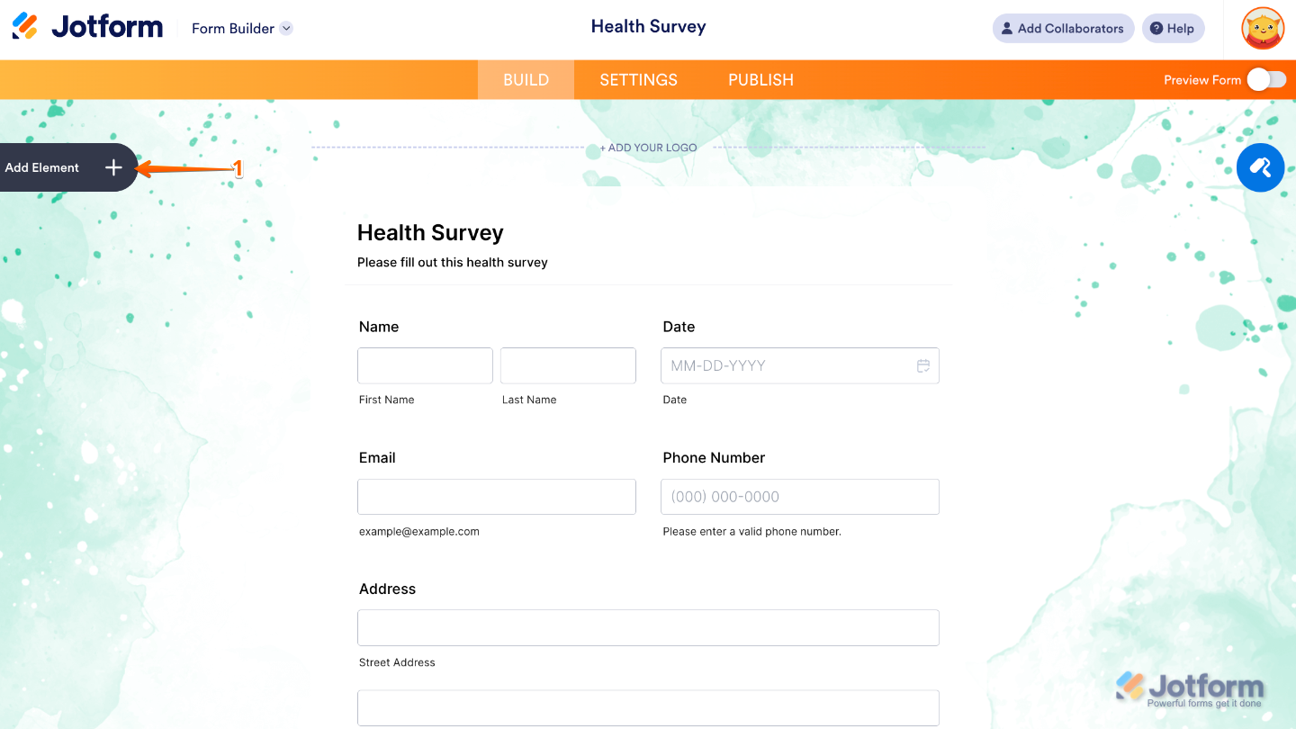 Form Builder dashboard showing the Add Element button on the left-side panel