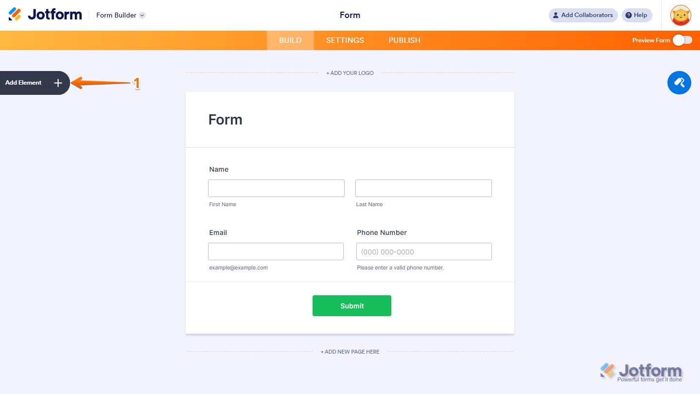 Form Builder Add Element menu in Jotform