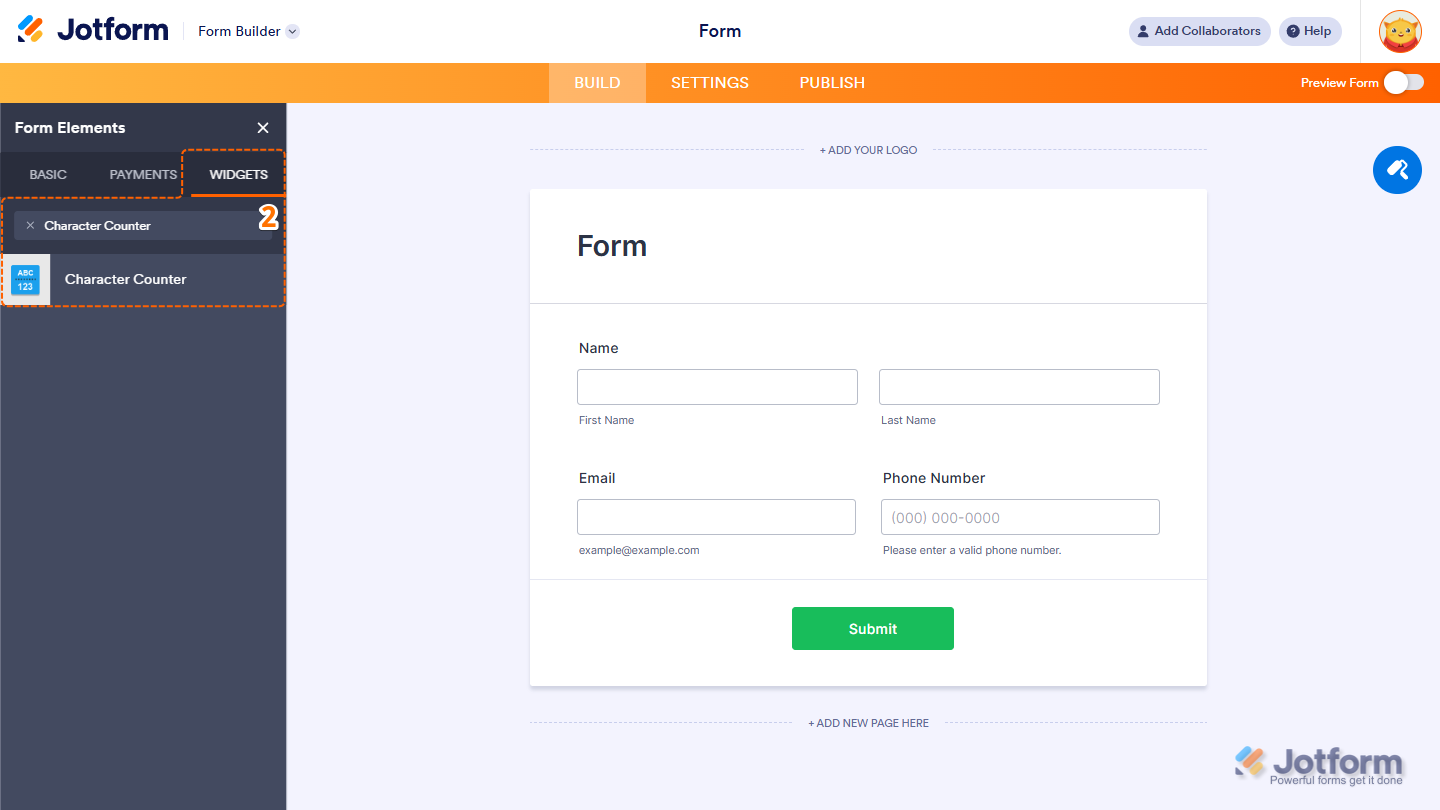 Form Elements Widgets tab showing Character Counter widget selection in Jotform
