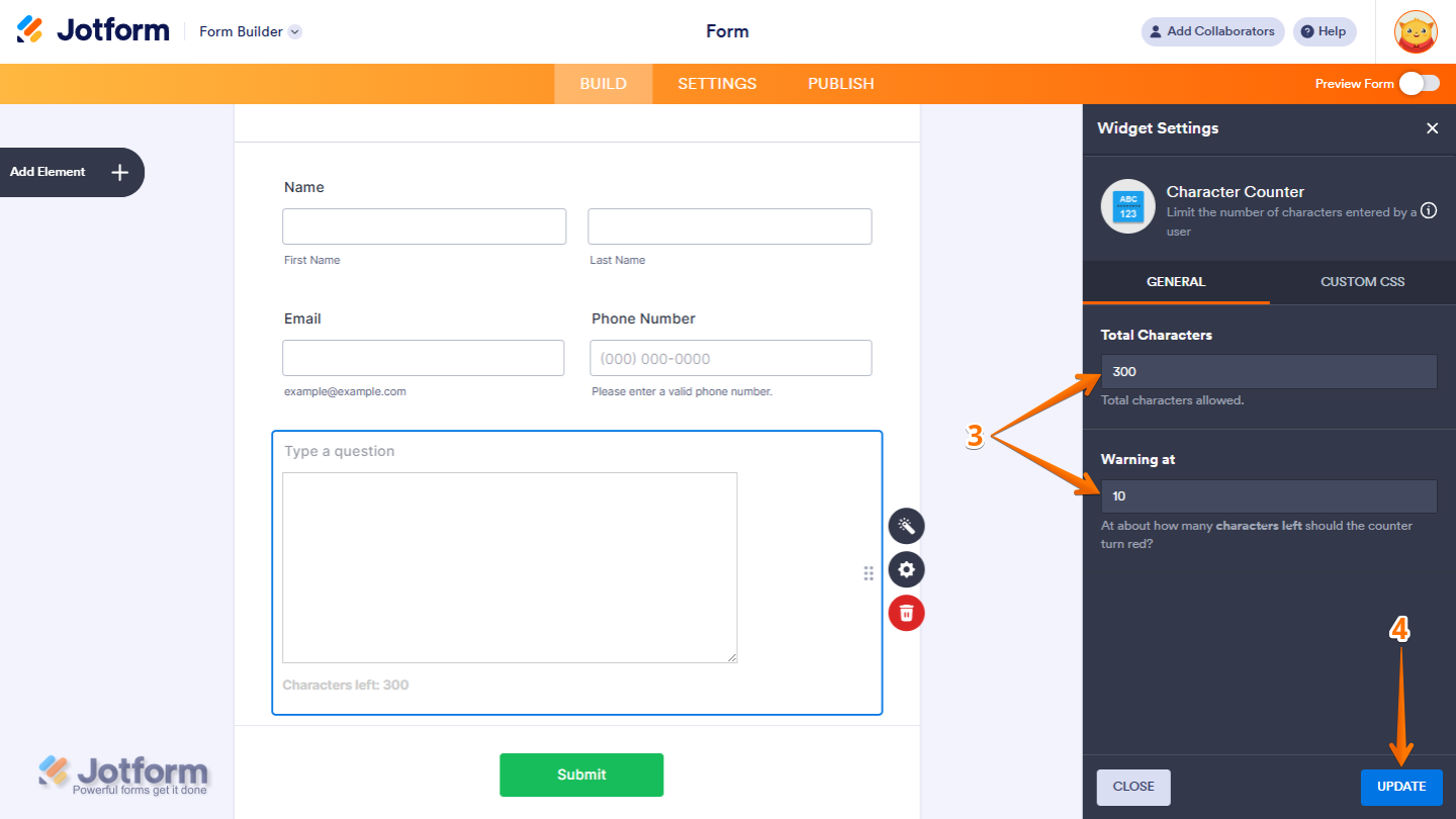 Character Counter widget General settings showing Total Characters Warning At fields and Update button in Jotform