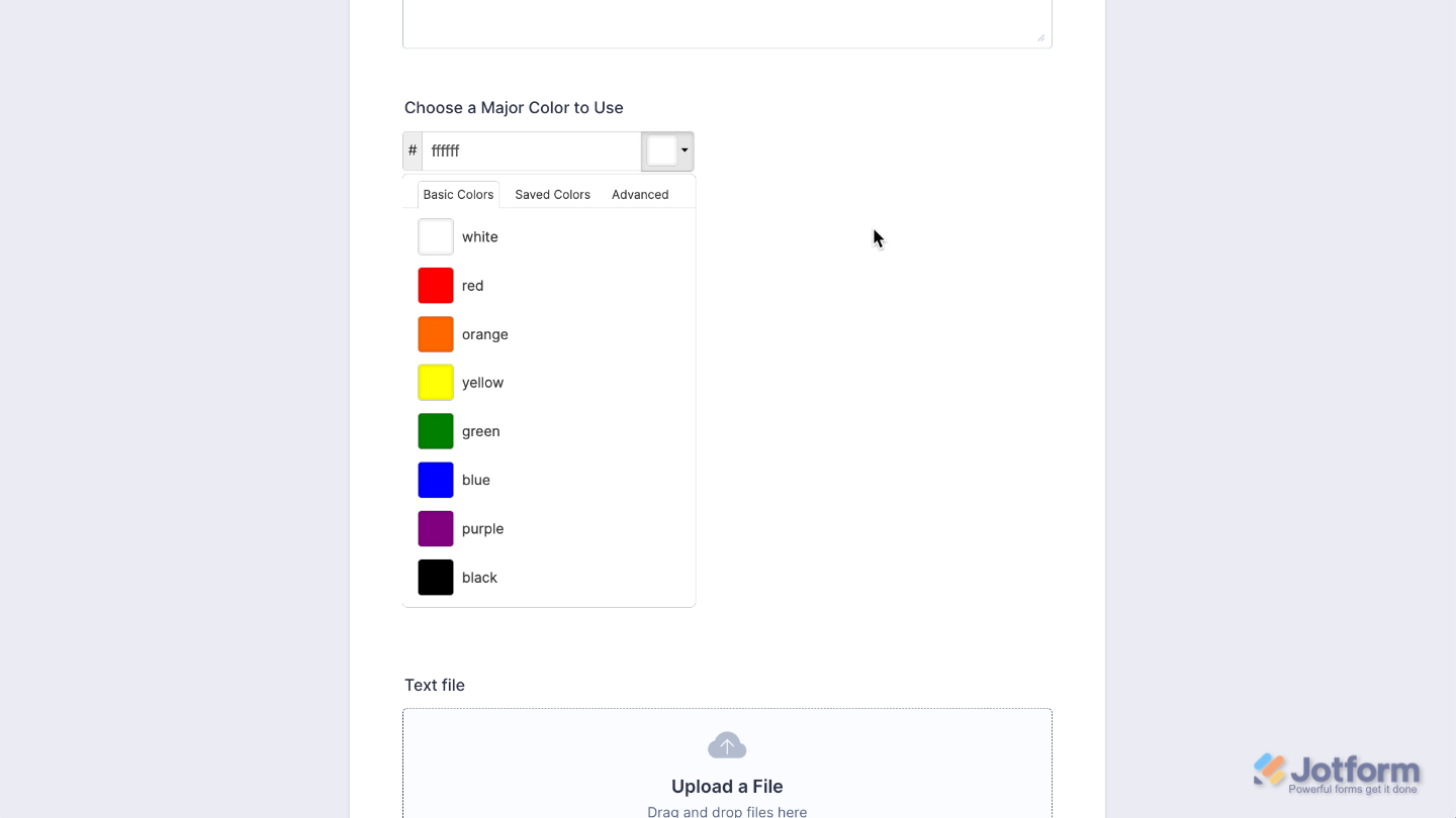 Color Picker widget successfully added, displaying interactive color selection inside a live form